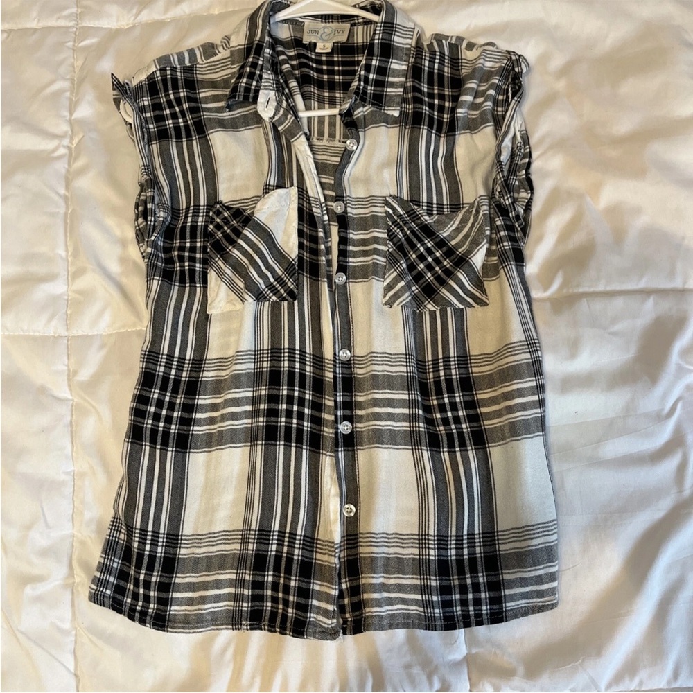 Jun&Ivy Womens Cut Off Sleeve Plaid Flannel Button Up Light Soft Blouse Top Sz S